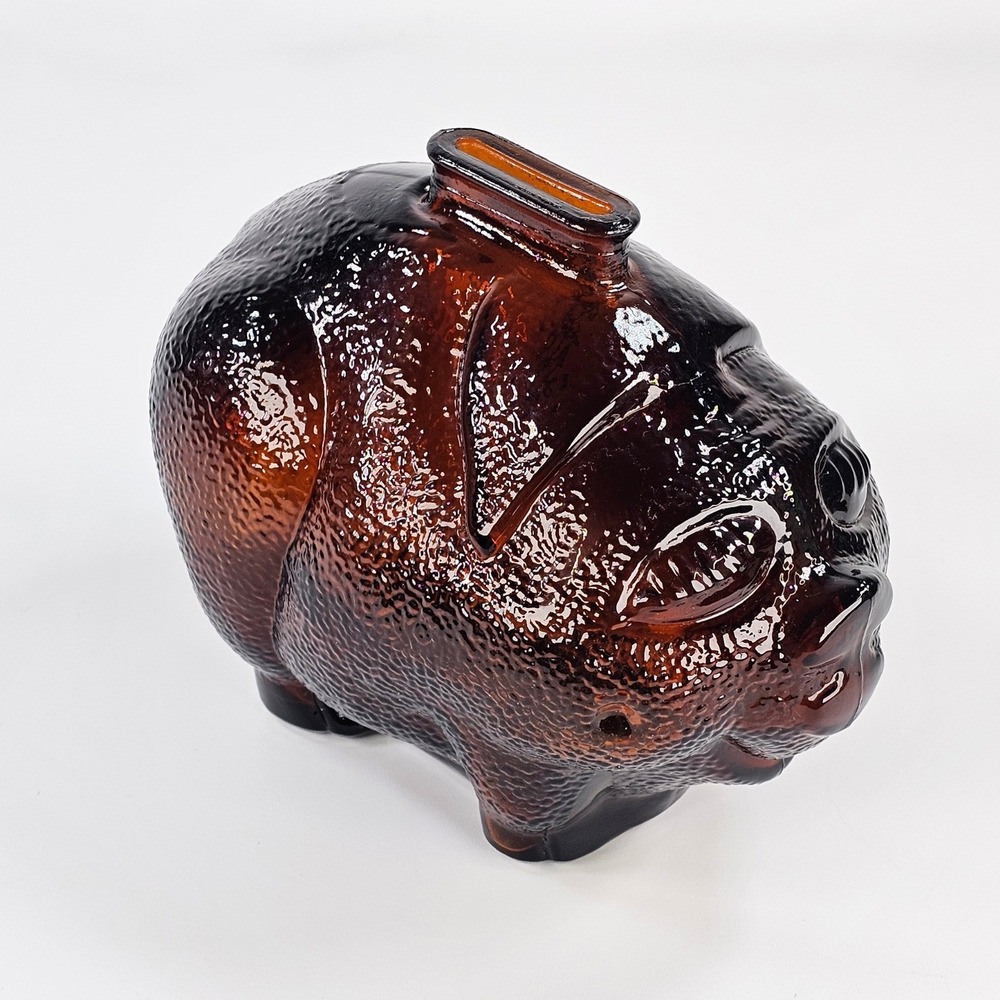 Vintage 1940s Amber Glass Piggy Bank Brown Glass Coin Bank Pig Figurine 6.5"